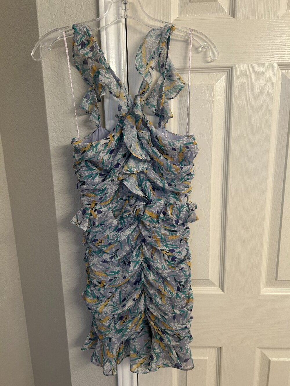 Unbranded Sleeveless Floral Mini Dress with Cascading Ruffles- Blue -Small